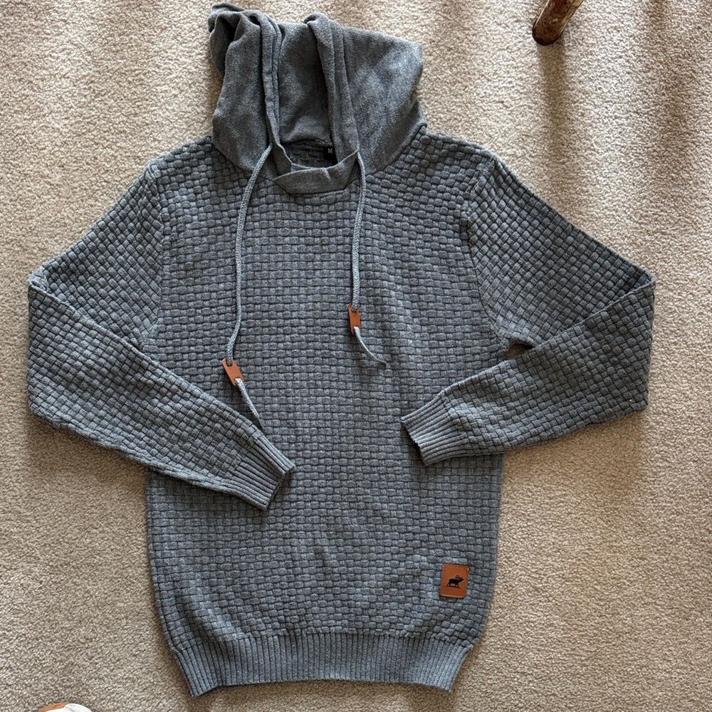 Gray Textured Hoodie with Drawstrings